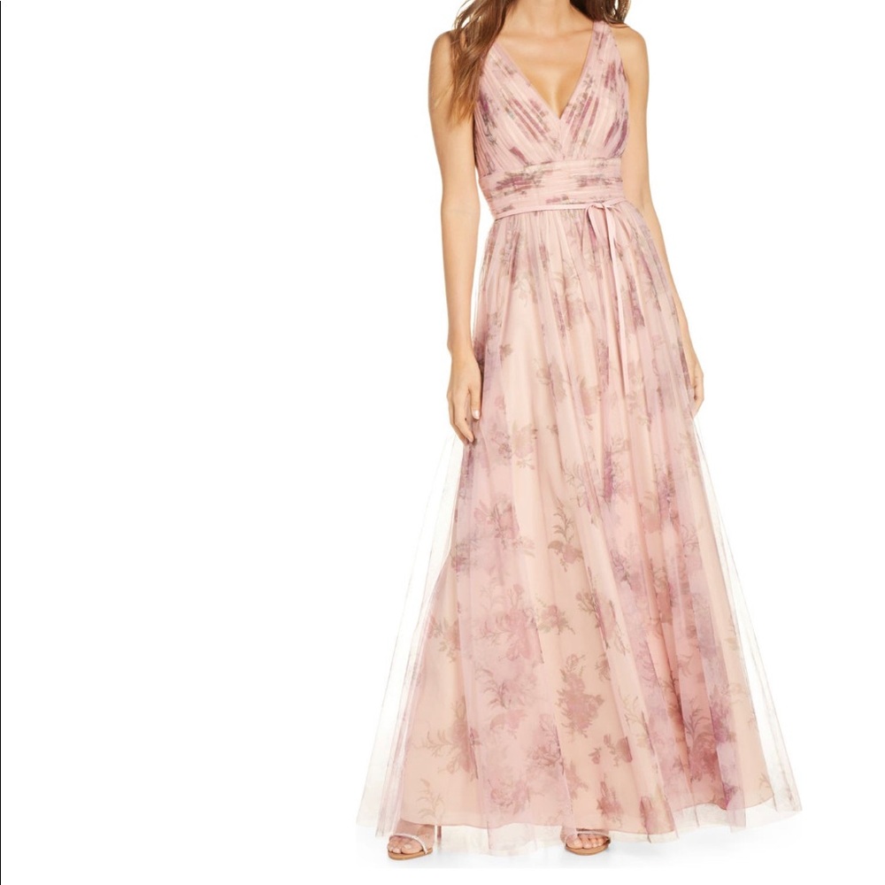 Marchesa Notte V-Neck Floral Tulle A-Line Gown